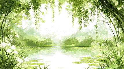 Poster - Lush green landscape with a serene water body and hanging vines