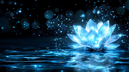 Poster - A glowing blue lotus flower surrounded by sparkling water droplets on a dark background