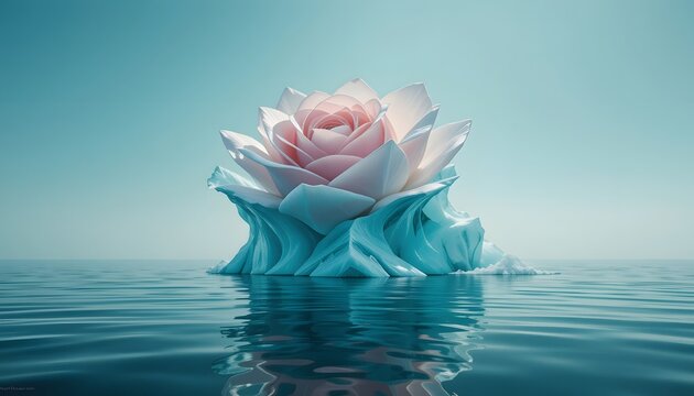 A surreal image of a rose-shaped iceberg floating in a calm, teal-colored ocean, with the petals subtly glowing in the soft polar sunlight.