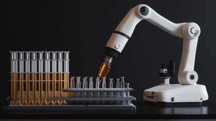Poster - robotic arm in a laboratory setting, precisely handling test tubes and conducting experiments