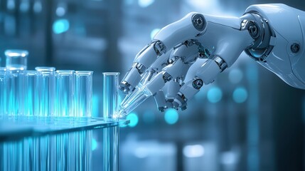 Poster - robotic arm in a laboratory setting, precisely handling test tubes and conducting experiments
