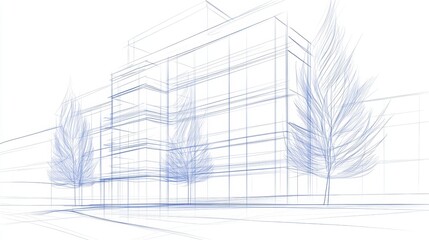 Poster - Architectural Blueprint Modern Building Design Wireframe