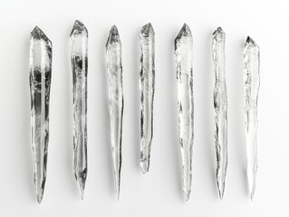 Poster - Eight clear quartz crystal points arranged on white background.