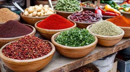 Wall Mural - Fresh spices and herbs displayed in bowls at vibrant market