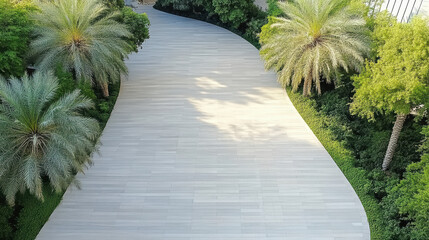 Wall Mural - Aerial view of curved pathway surrounded by lush palm trees and greenery