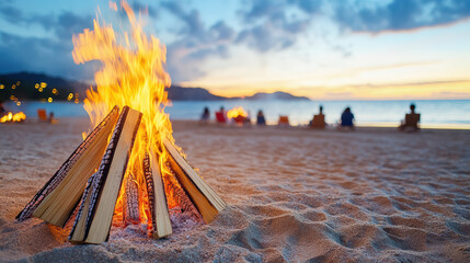 Sticker - Colorful beach bonfire gathering with friends at sunset by ocean