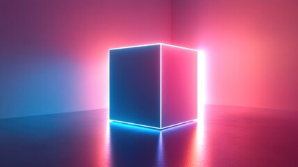 Poster - Neon-lit cube reflecting on glossy floor.