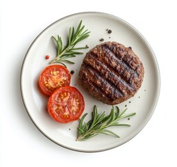 Wall Mural - Grilled beef patty with tomato slices and rosemary on a plate.