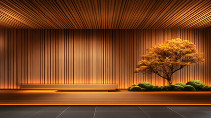 Poster - Modern interior featuring wooden textures and a solitary tree amidst soft ambient lighting