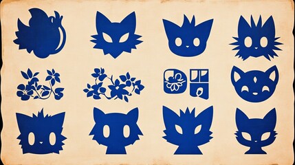 Poster - Blue Silhouette Cat and Floral Designs Collection