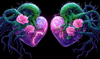 Poster - Intertwined Hearts, an abstract illustration symbolizing connection and unity, vibrant colors merging to reflect deep emotional bonds.