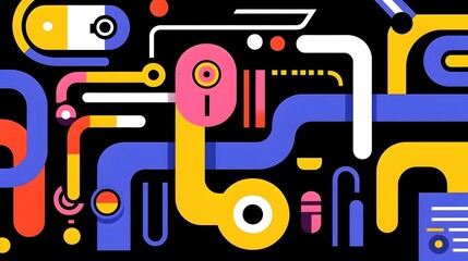 Poster - Abstract Data Security Concept, vibrant colors intertwining, geometric shapes symbolizing encryption, digital locks, representing protection in technology.