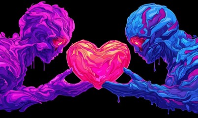 Poster - Artistic portrayal of two figures embracing a glowing orb, symbolizing unity and shared purpose in a vibrant, abstract environment.