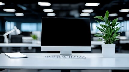 Poster - Modern office space featuring interconnected IoT devices, sleek furniture, vibrant decor, and collaborative workstations promoting innovation and efficiency