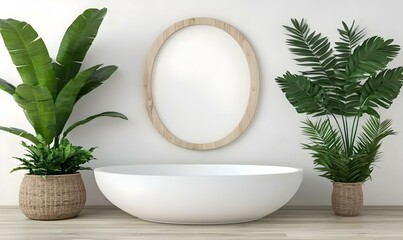 Poster - Minimalist white round podium in a spacious interior, emphasizing simplicity and elegance, perfect for presentations or displays.