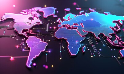Poster - Global Data Insights, a vibrant 3D world map displays interconnected data points, illustrating trends and patterns across diverse regions.