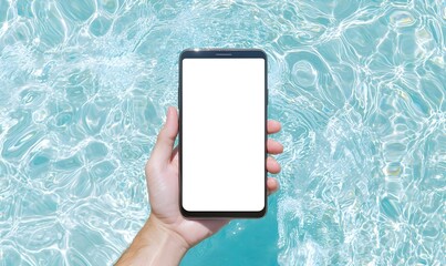 Poster - Smartphone Display in Hand, a person gripping a mobile device showcasing an empty screen, ideal for showcasing app designs or digital content.