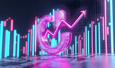 Poster - Neon Euro Symbol with Globe and Financial Chart, vibrant colors highlighting economic growth and global finance trends