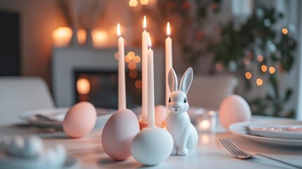 Wall Mural - A close-up of Easter table decorations, including egg-shaped candles and bunny place holders.