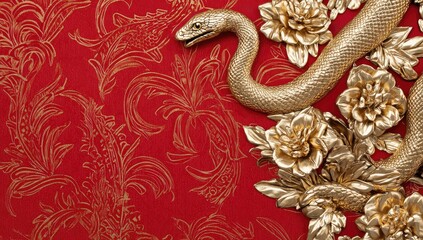 Luxurious Chinese New Year design featuring a golden snake entwined with ornate golden flowers and patterns on a rich red backdrop, symbolizing wealth and prosperity. Perfect for festive invitations