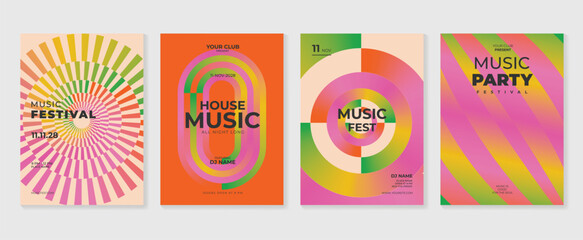 Aufkleber - Summer music poster design background vector set. Electro Sound Cover template with vibrant abstract gradient geometric shape, line wave. Design for social media, party, music festival.
