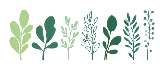 Wall Mural - Set of tree and leaf collection hand drawn flat design vector element. botanical set of bare trees and ones with leaves and lush green