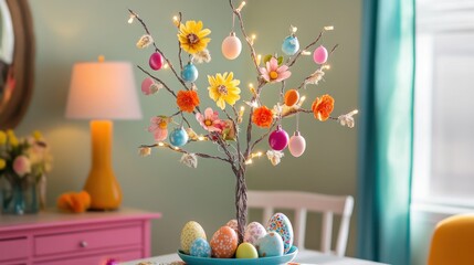 Wall Mural - A DIY Easter egg tree centerpiece with colorful ornaments and lights.