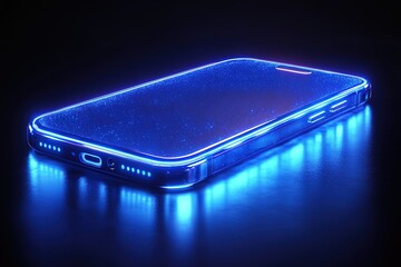 Poster - Sleek smartphone glowing with vibrant blue light, reflecting on a dark surface.  Modern technology, futuristic design.