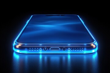 Poster - Sleek smartphone glowing with vibrant blue light, showcasing modern technology and design.