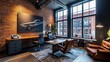 © CLOVER BACKGROUND - Modern Executive Office: A well-appointed executive office with exposed brick, large windows offering an urban view, modern furniture, and contemporary art.