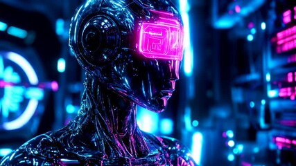 Cyberpunk Robot in Neon-Lit Digital Space