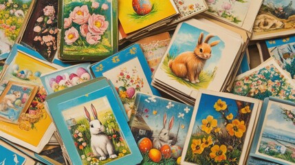 Wall Mural - A pile of Easter cards with various designs, including eggs, bunnies, and spring flowers.