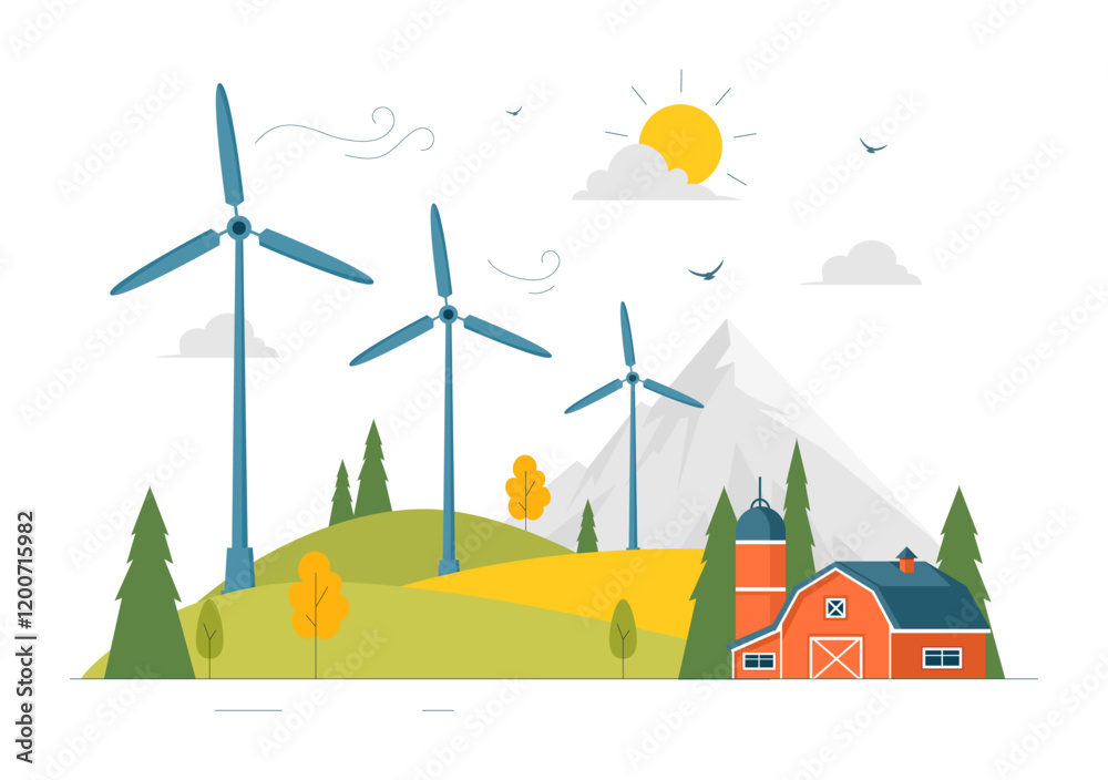 Wind Turbine Vector Illustration Featuring a Sustainable and Renewable ...