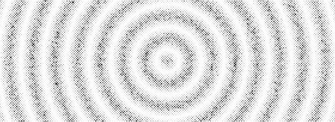 Poster - Black radial halftone circles. Dotted sound wave rings. Stippled epicenter, target, radar icon concept. Ripple concentric signal vibration element. Vector round dashed and dotted gradient pattern