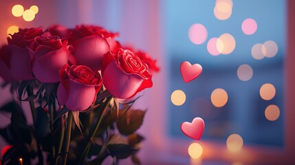 Canvas Print - Romantic pink roses bouquet near window with bokeh lights and hearts.