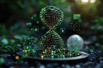 Sticker - Glowing DNA helix with digital interface in nature.