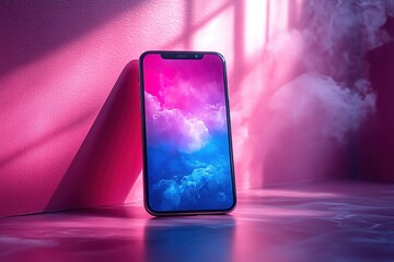 Wall Mural - Smartphone displaying a vibrant, abstract cloudscape wallpaper.  The device rests on a pink surface, bathed in soft light.