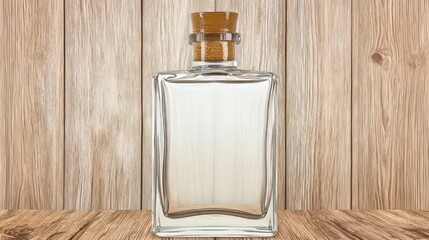 Poster - Clear Glass Bottle with Cork Stopper on Wooden Background