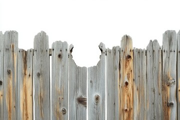 Wall Mural - Broken weathered gray wooden fence isolated on white.