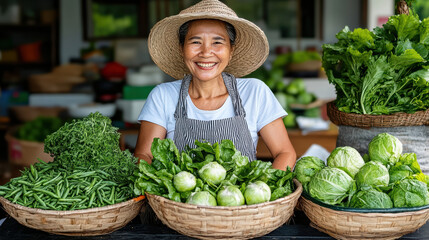 Wall Mural - Fresh produce vendor smiling at market with green vegetables