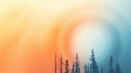 Poster - Abstract Concept of Heat Circles Radiating Outward from a Central Point with a Gradient Background and Silhouetted Trees