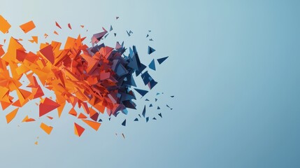 Poster - Abstract Geometric Shapes in Vibrant Fire Colors Creating Dynamic Movement Across a Blue Background
