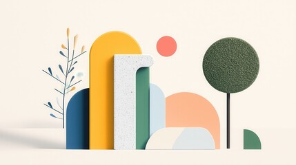 Poster - Abstract Representation of Sustainability Principles in Colorful Geometric Shapes and Natural Elements