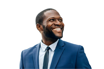 happy smiling african american man in blue suit, front view, isolated on transparent background