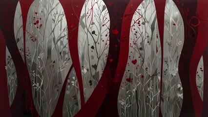 Wall Mural - An abstract composition with bold splashes of red, burgundy, and shimmering silver