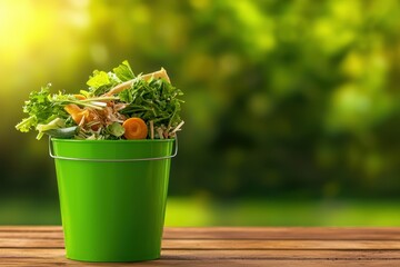 Wall Mural - A vibrant green bucket filled with fresh vegetables sits on a wooden surface, surrounded by a lush, blurred green background.