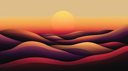 Wall Mural - Sunset over abstract, colorful, wavy hills.