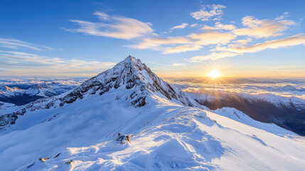 Serene view of mountain peak at sunrise with golden light illuminating snow