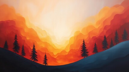 Poster - Dynamic Interplay of Fiery Hues and Dark Shadows in Abstract Landscape Art