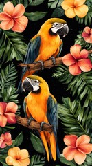 Two vibrant yellow and blue macaws perched amidst lush tropical hibiscus flowers and foliage